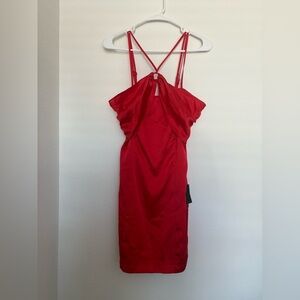 LULU’S Chic for the Night Red Satin Halter Mini Dress Size M NWT